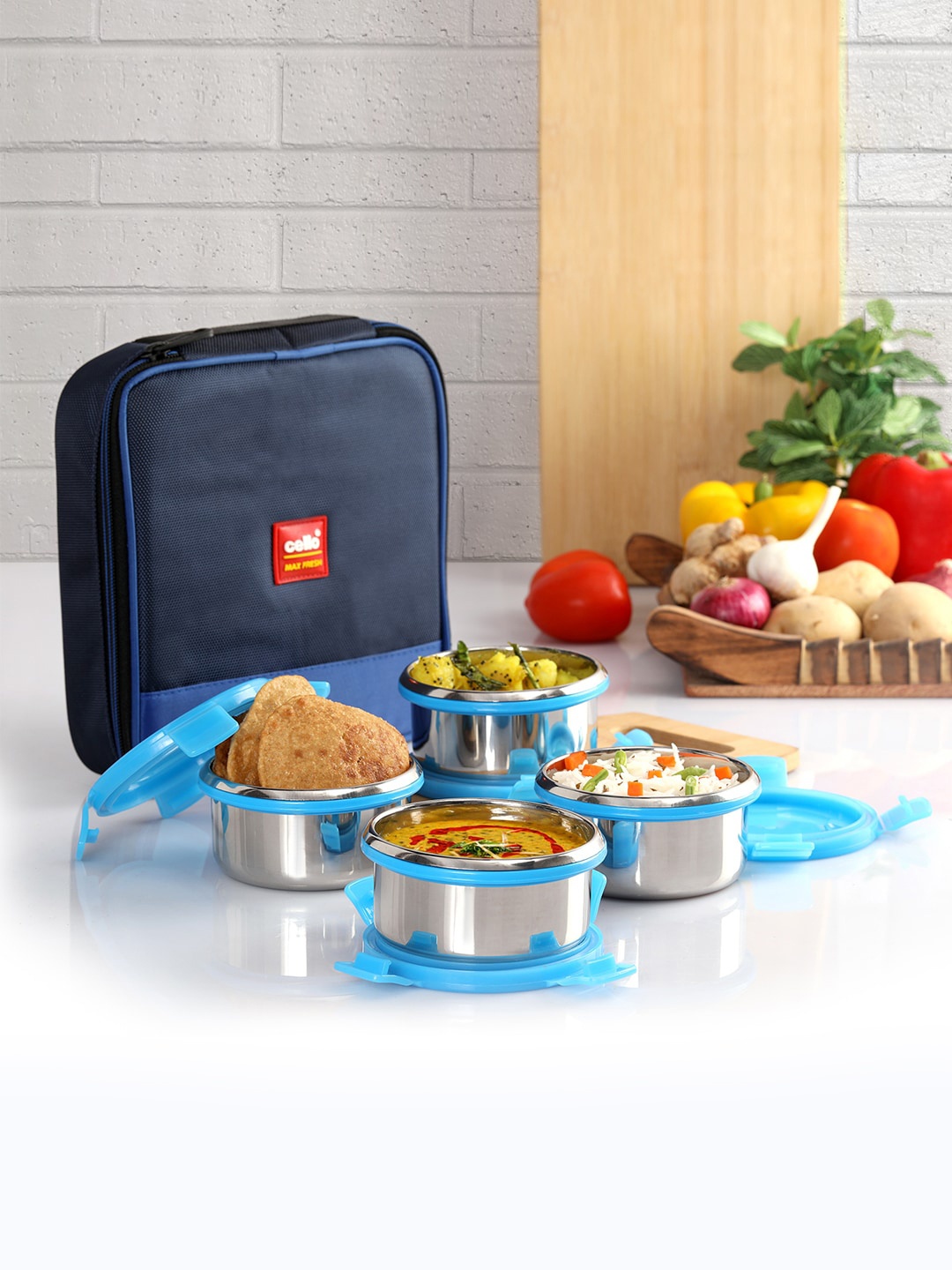 

Cello Max Fresh Supremo 4 Pieces Stainless Steel Lunch Box with Jacket & Conatiners, Blue