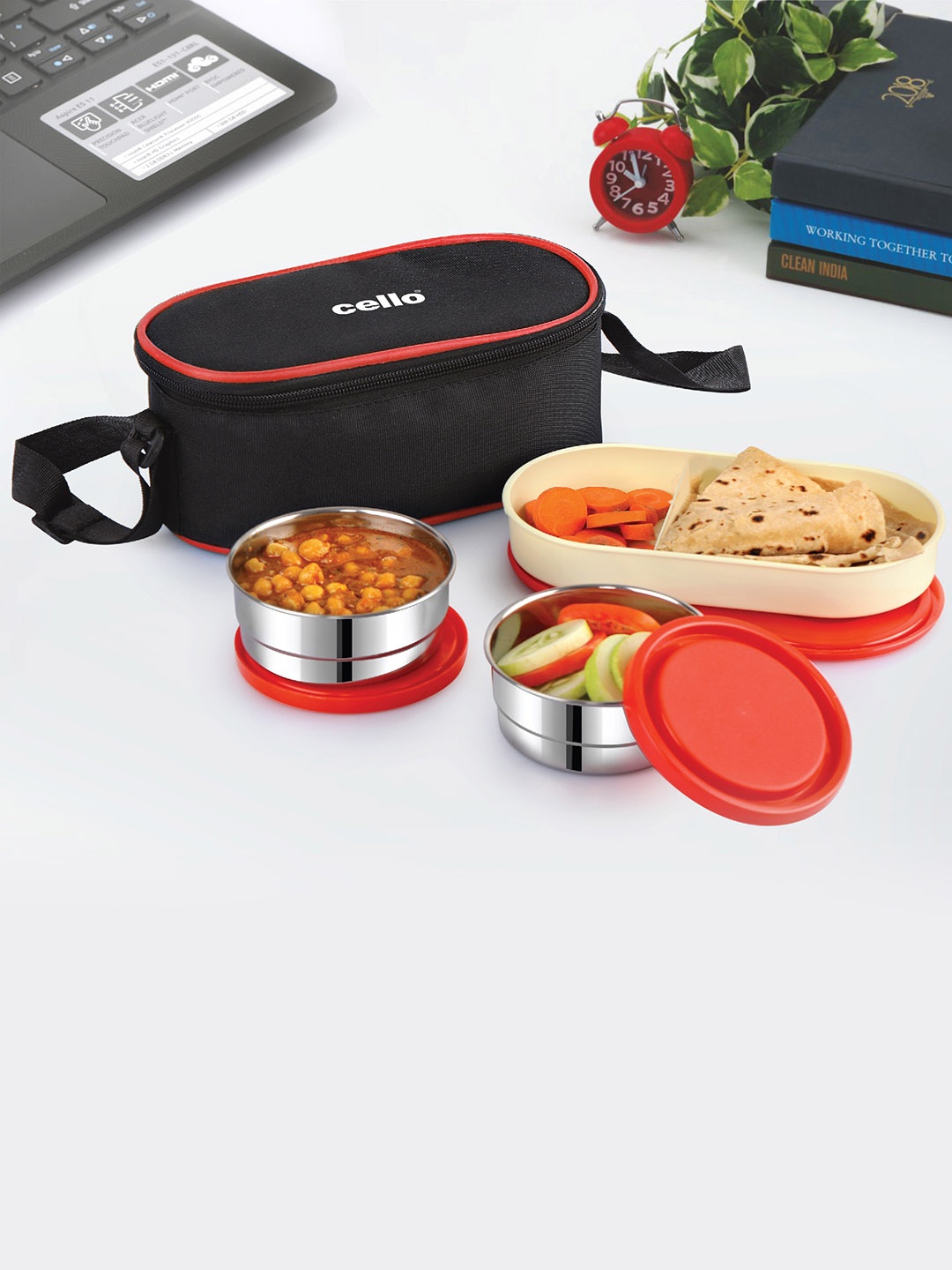 

Cello Exe Set of 3 Red Stainless Steel Lunch Box with Jacket- 300ml