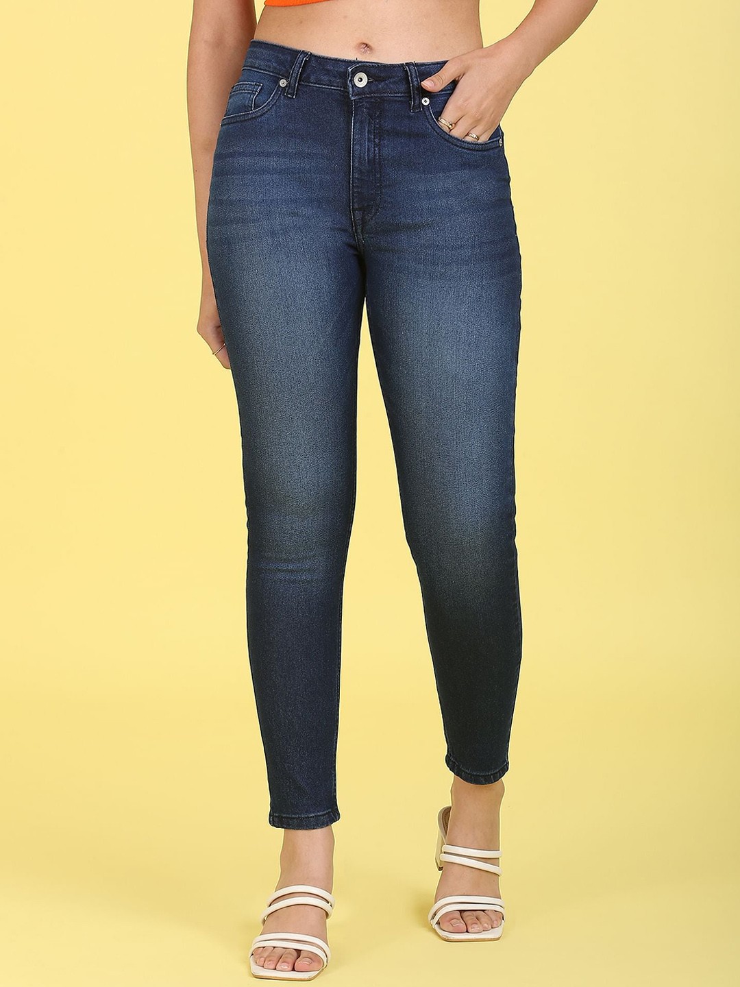 

Flying Machine Women Blue Super Skinny Fit High-Rise Low Distress Light Fade Stretchable Jeans