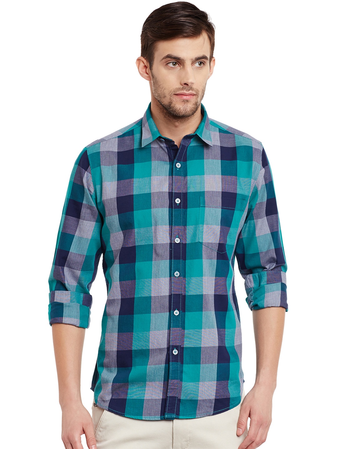 

Rodamo Men Green & Blue Slim Fit Checked Casual Shirt