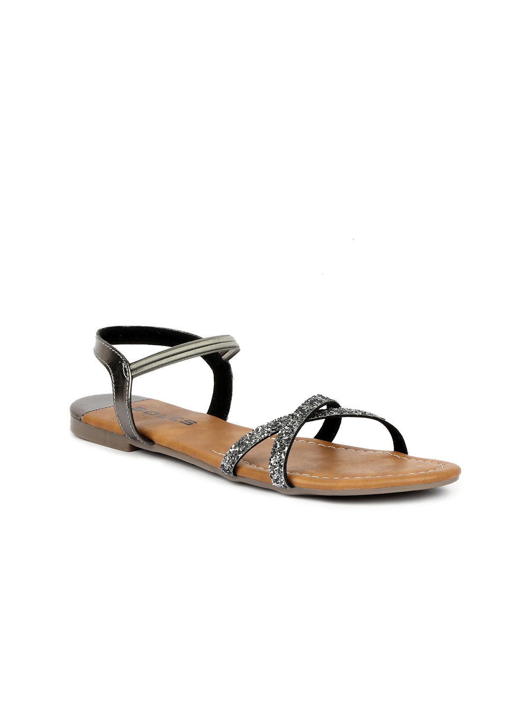 

SOLES Women Gunmetal-Toned Embellished Open Toe Flats, Metallic