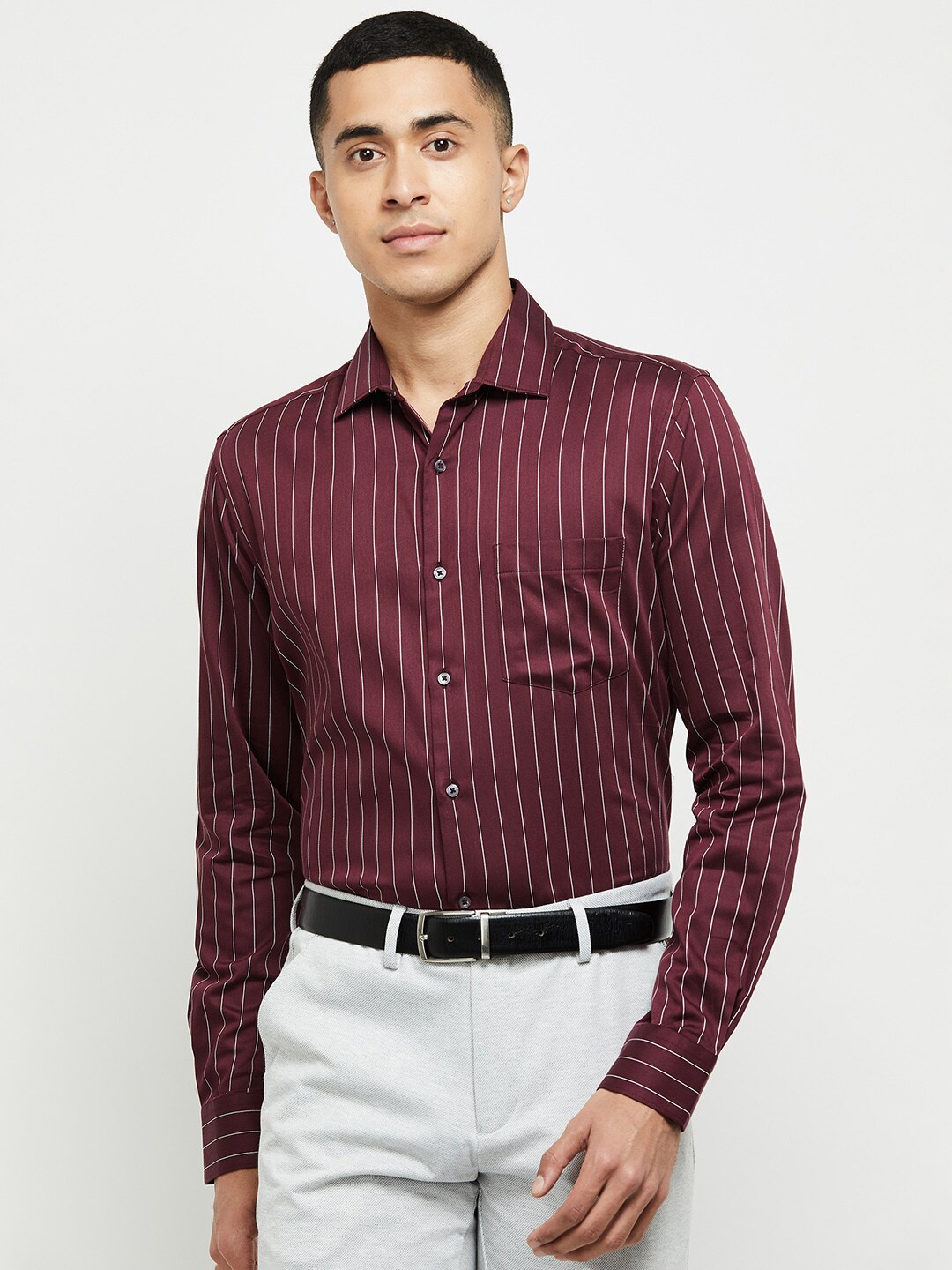 

max Men Maroon Classic Striped Cotton Formal Shirt