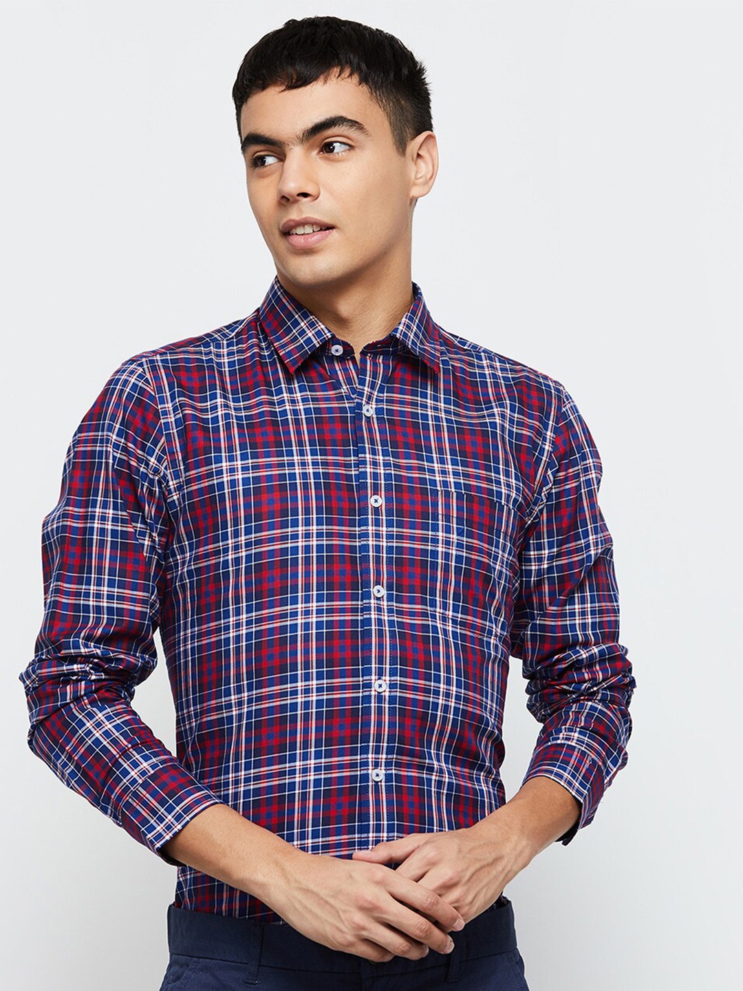 

max Men Blue Classic Tartan Checked Cotton Formal Shirt