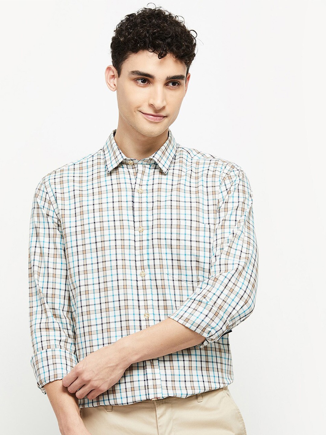 

max Men Off White Classic Tartan Checked Cotton Casual Shirt