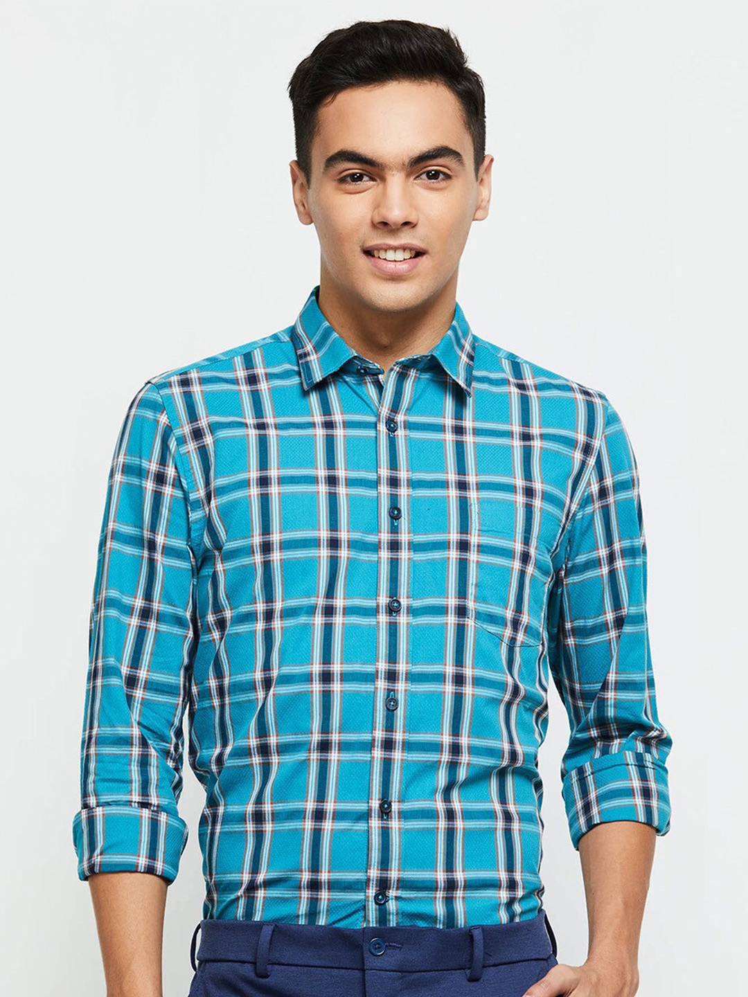 

max Men Blue Classic Tartan Checks Checked Casual Shirt