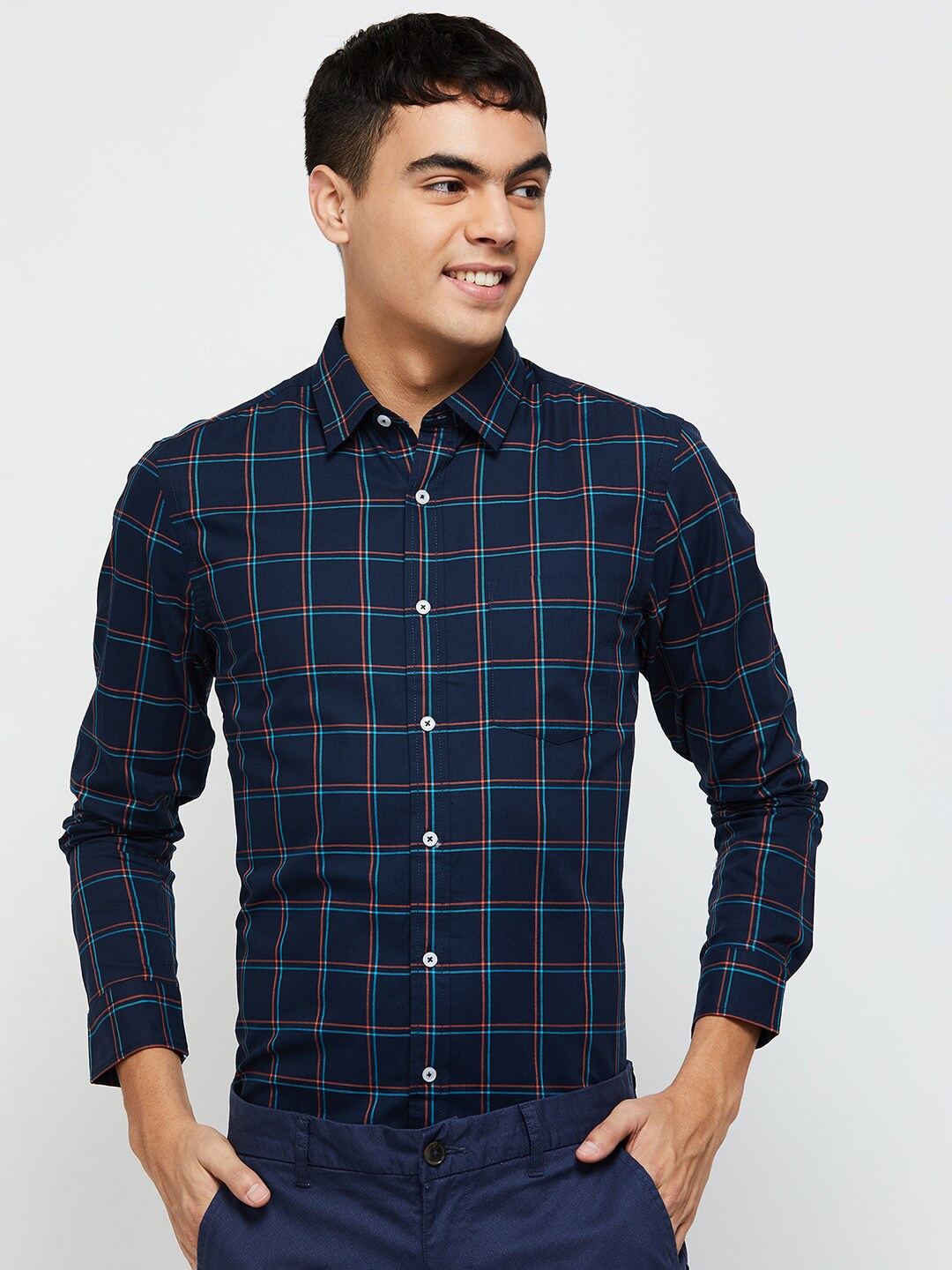 

max Men Navy Blue Tartan Checked Cotton Casual Shirt
