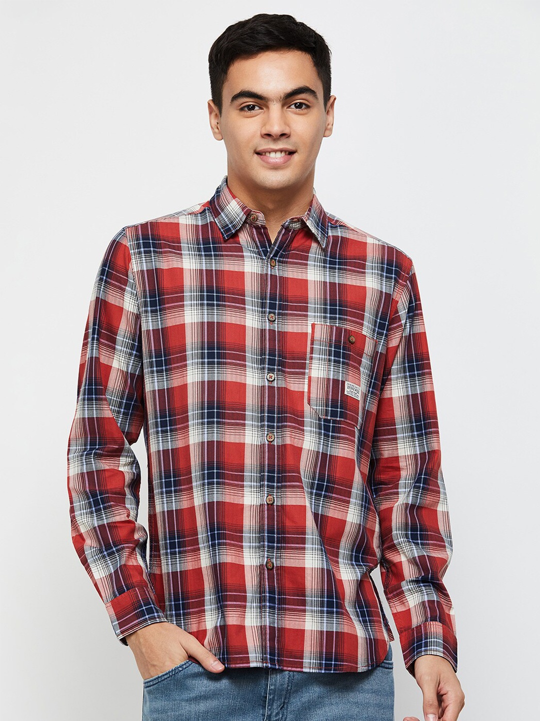 

max Men Red Classic Tartan Checked Cotton Casual Shirt