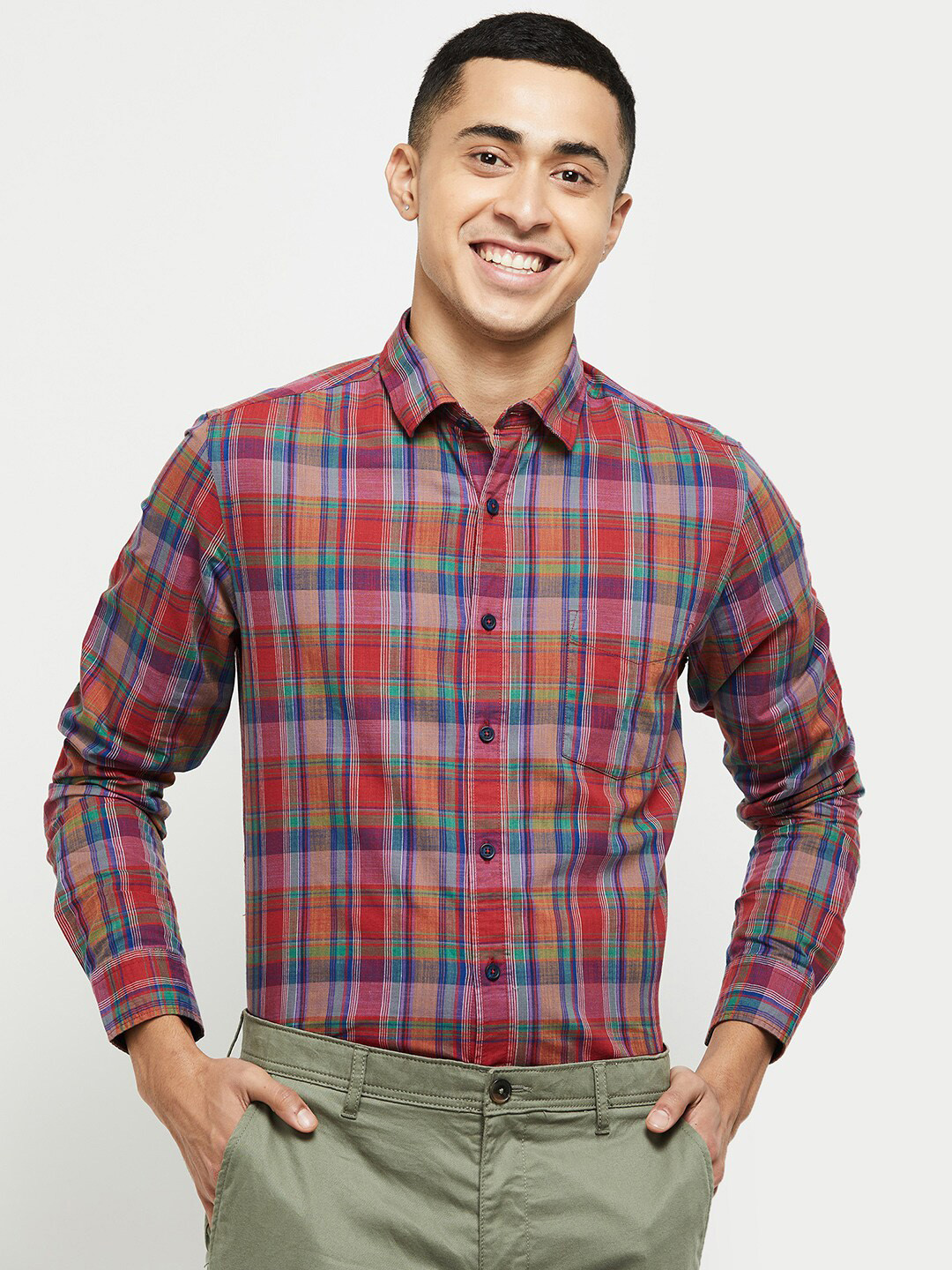 

max Men Red Classic Tartan Checked Cotton Casual Shirt