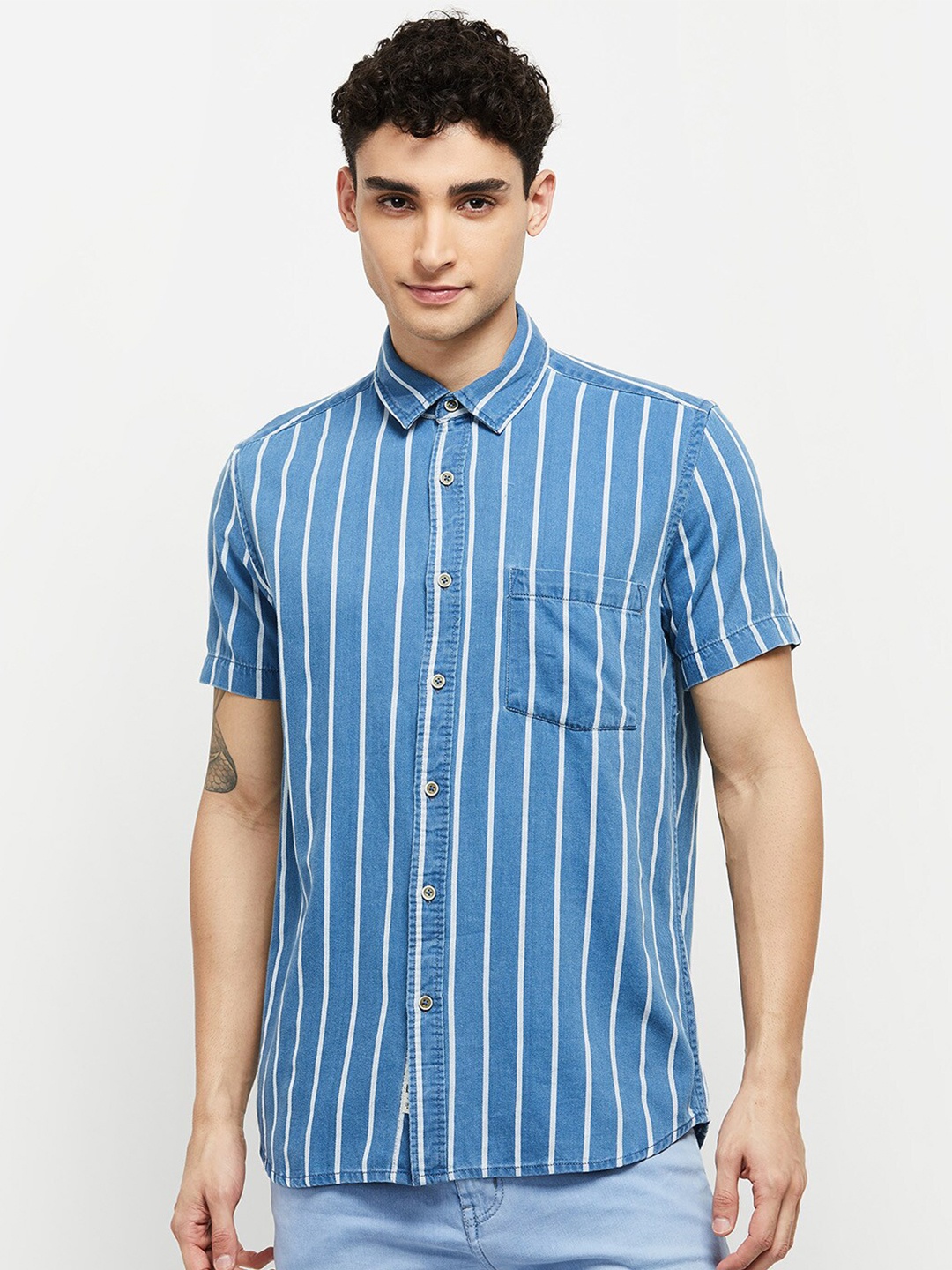 

max Men Blue Classic Striped Cotton Casual Shirt