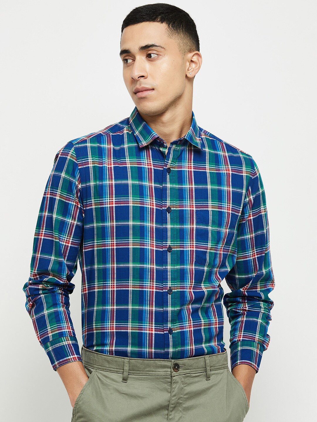 

max Men Green Classic Tartan Checks Cotton Casual Shirt