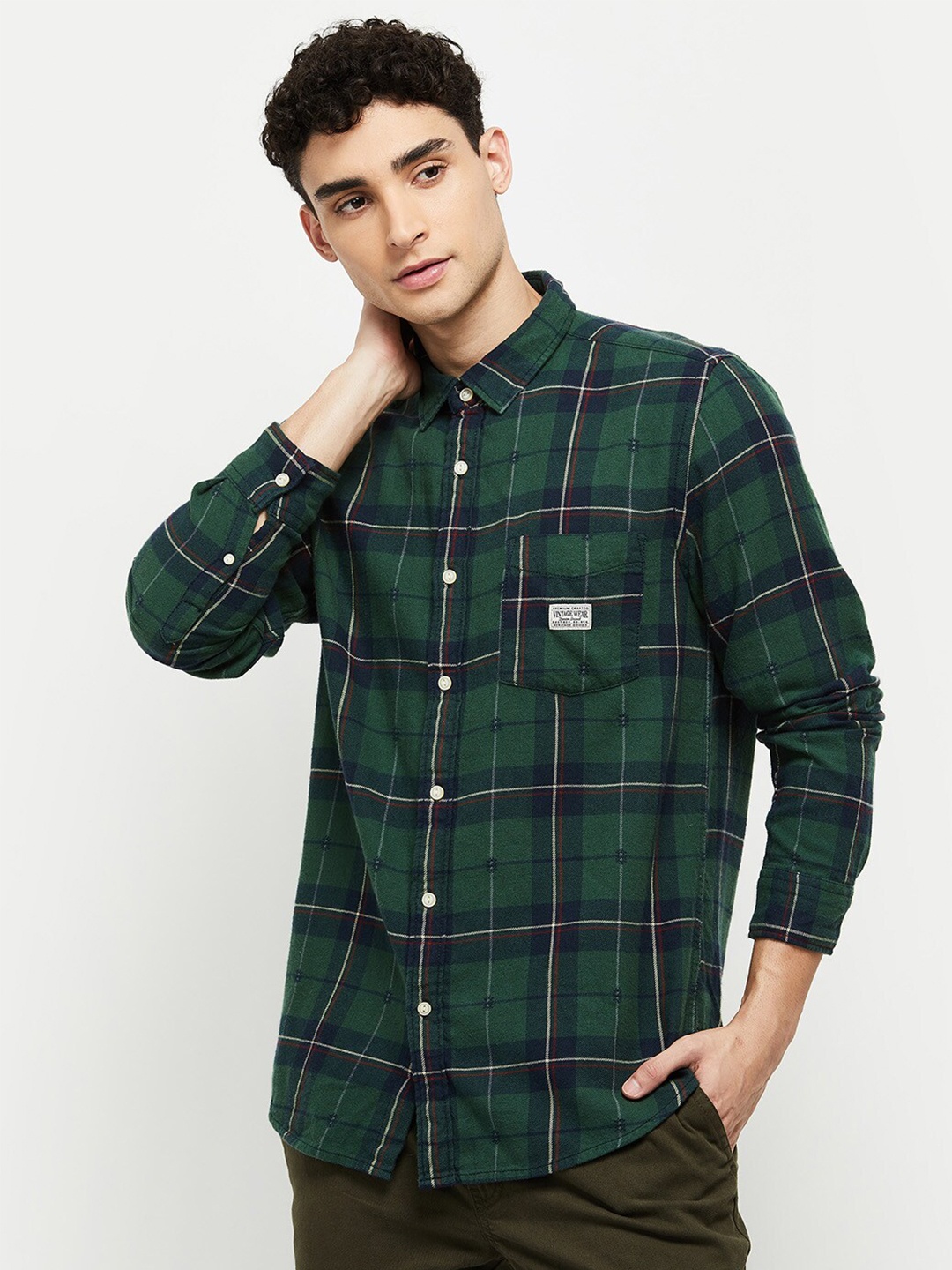 

max Men Green Classic Tartan Checked Cotton Casual Shirt