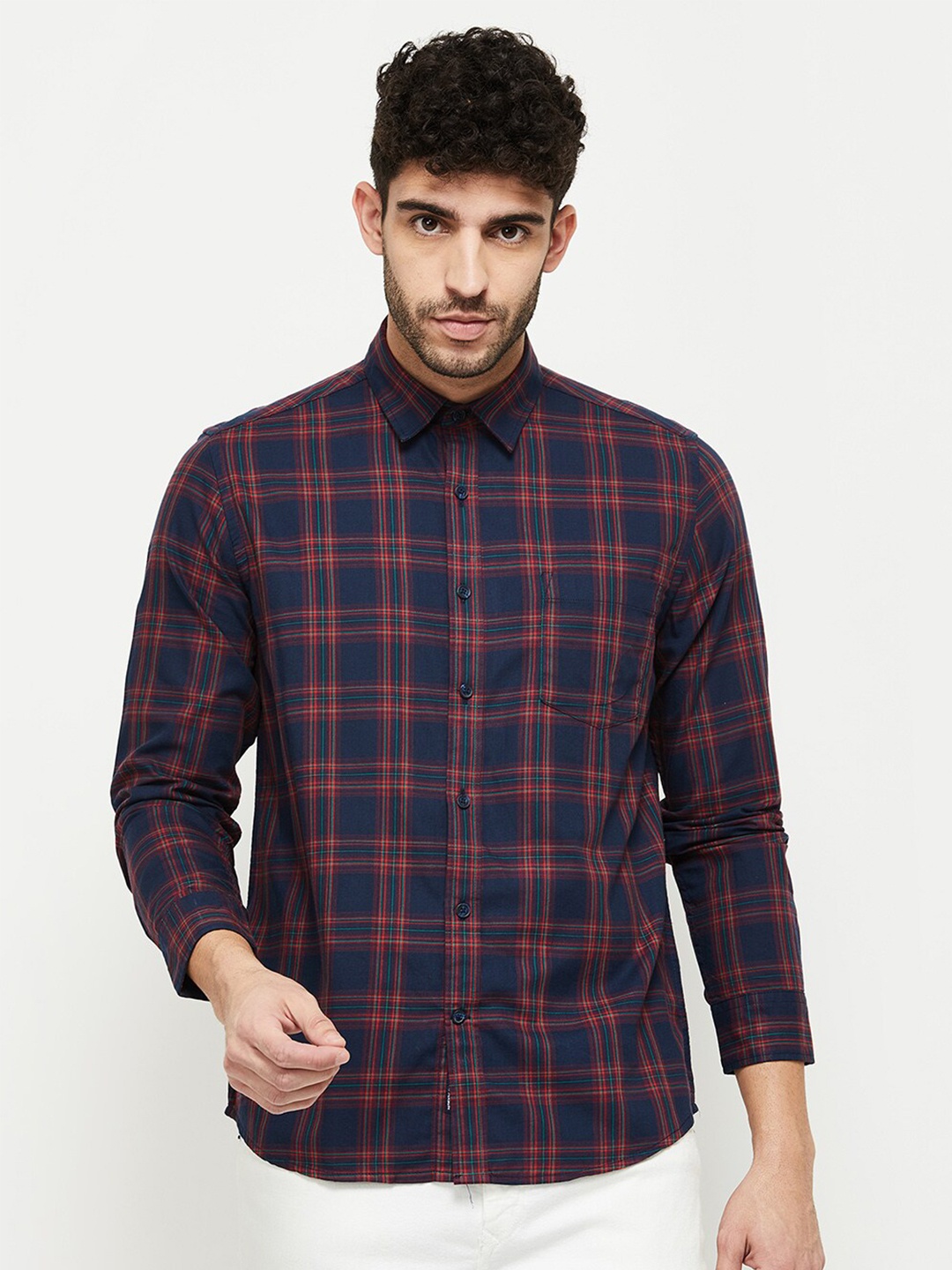 

max Men Blue Classic Tartan Checks Checked Casual Shirt