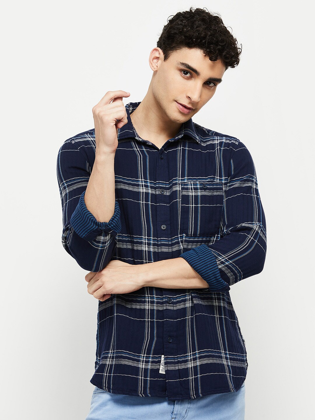 

max Men Navy Blue Classic Tartan Checked Cotton Casual Shirt