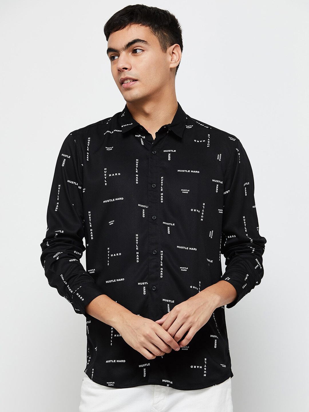 

max Men Classic Printed Cotton Casual Shirt, Black