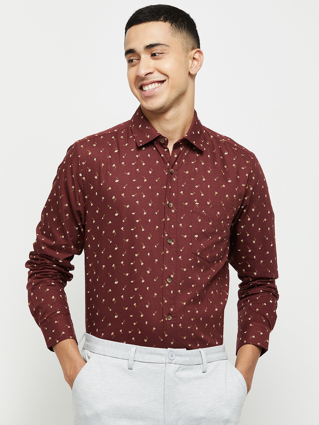 

max Men Maroon Classic Floral Printed Cotton Formal Shirt