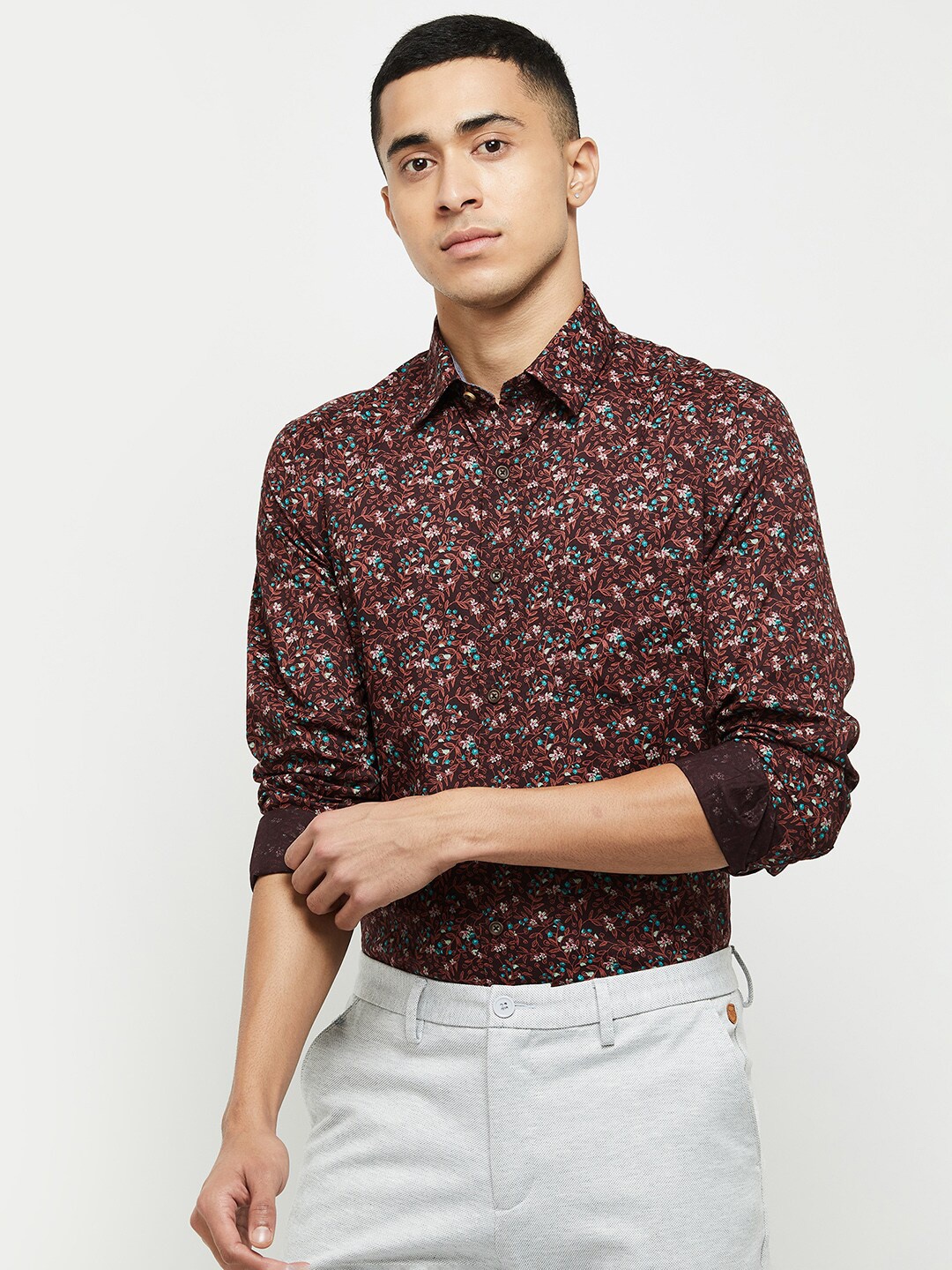 

max Men Maroon Classic Floral Printed Cotton Formal Shirt