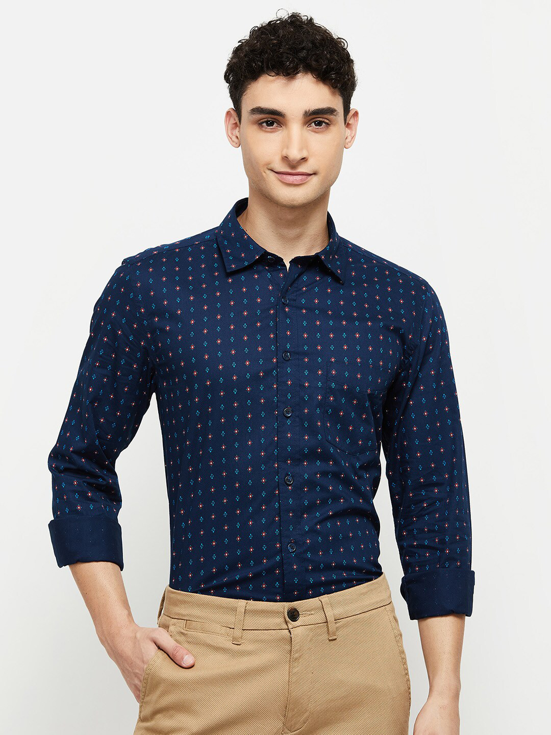 

max Men Blue Classic Printed Cotton Formal Shirt