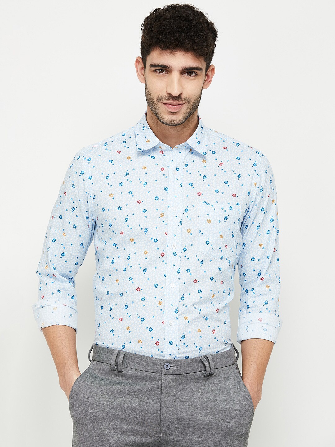

max Men Blue Classic Floral Printed Formal Cotton Shirt