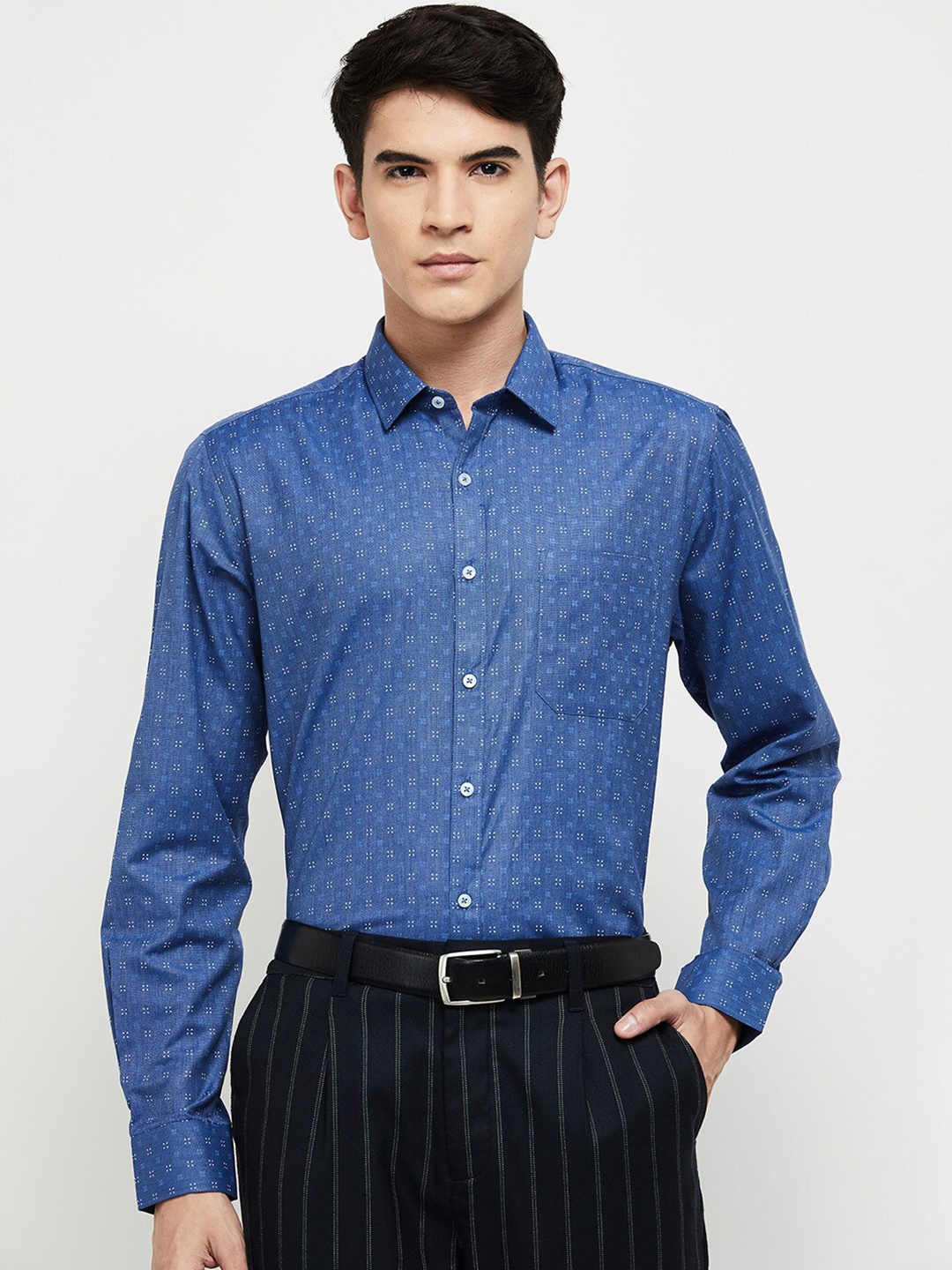

max Men Blue Classic Printed Casual Cotton Formal Shirt