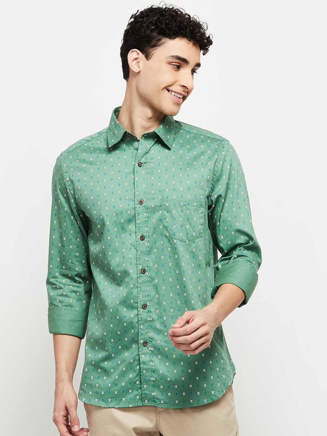 

max Men Green Classic Floral Printed Cotton Formal Shirt
