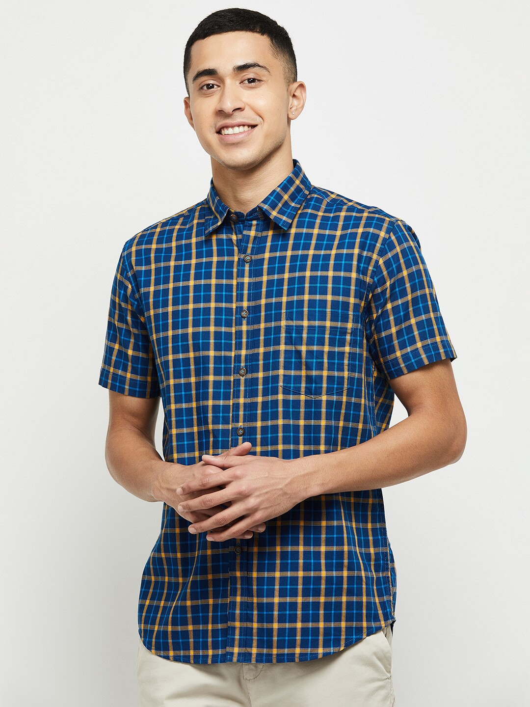 

max Men Blue Classic Checked Cotton Formal Shirt