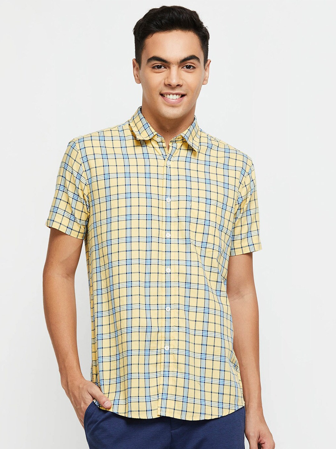 

max Men Yellow Classic Tartan Checks Checked Cotton Casual Shirt