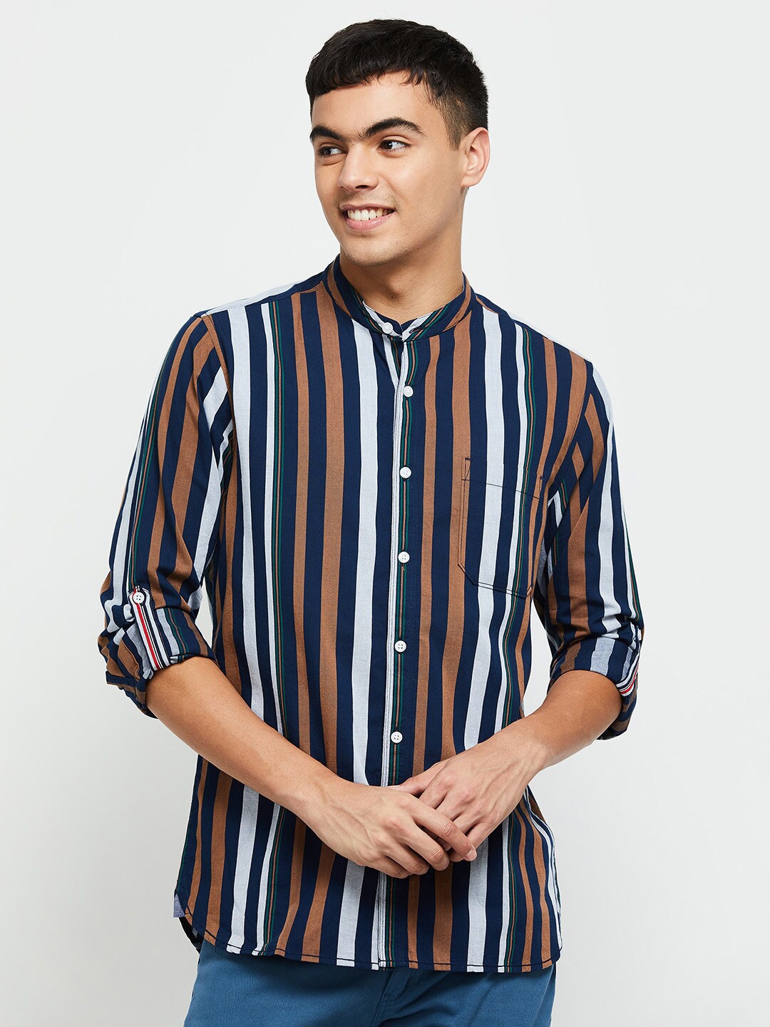 

max Men Khaki Classic Striped Cotton Casual Shirt