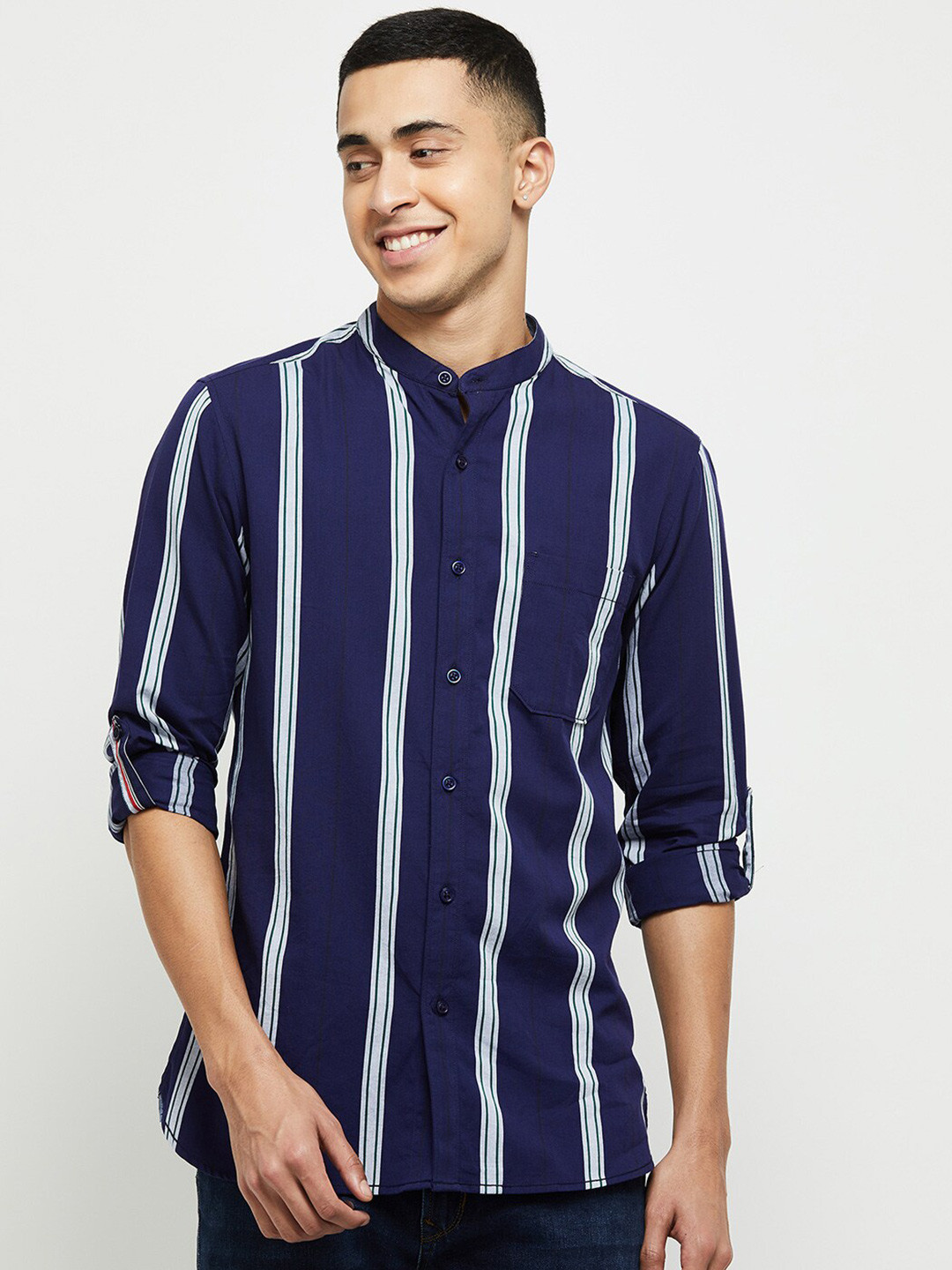 

max Men Blue Classic Striped Cotton Casual Shirt