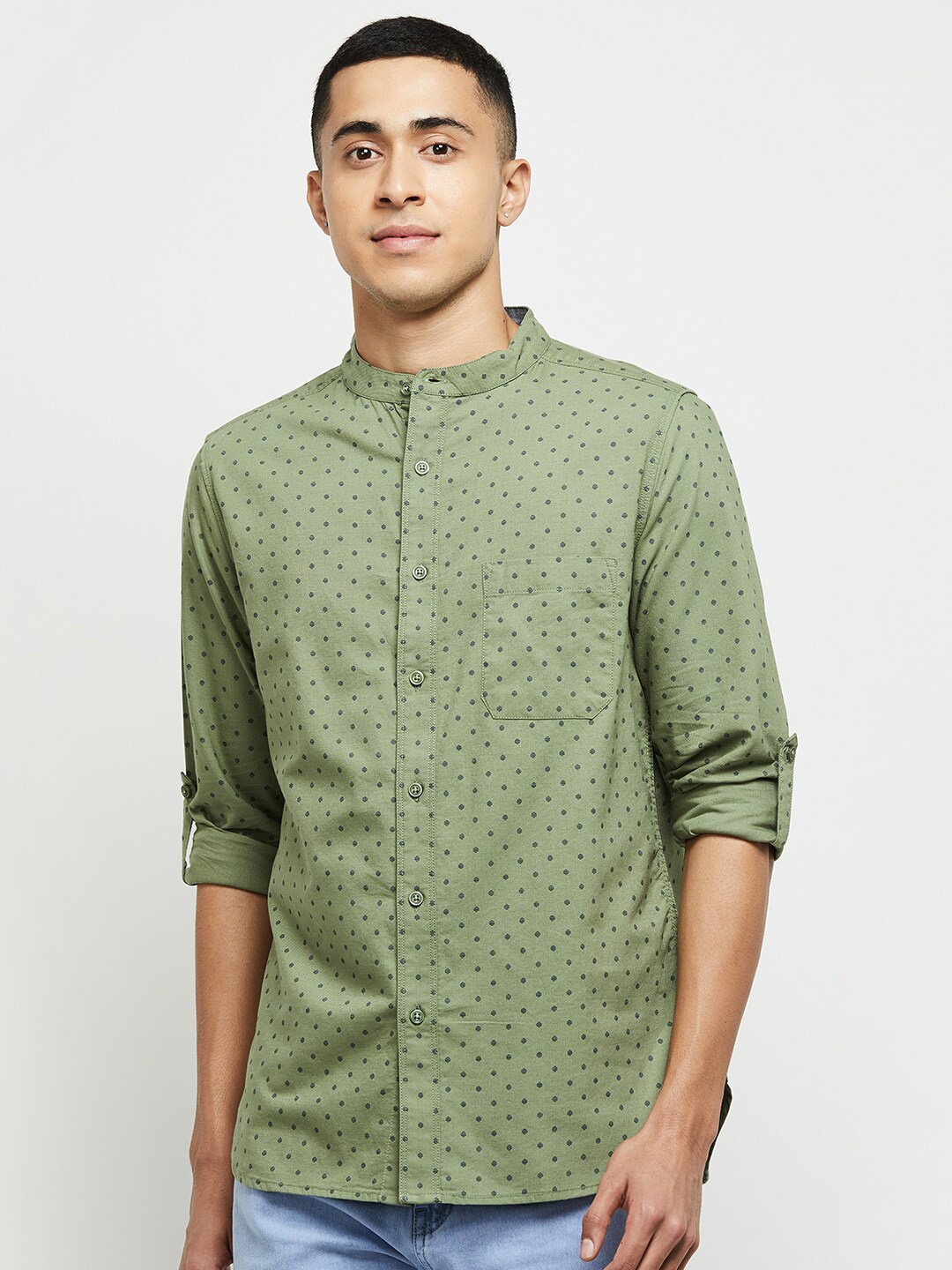 

max Men Green Classic Printed Cotton Casual Shirt