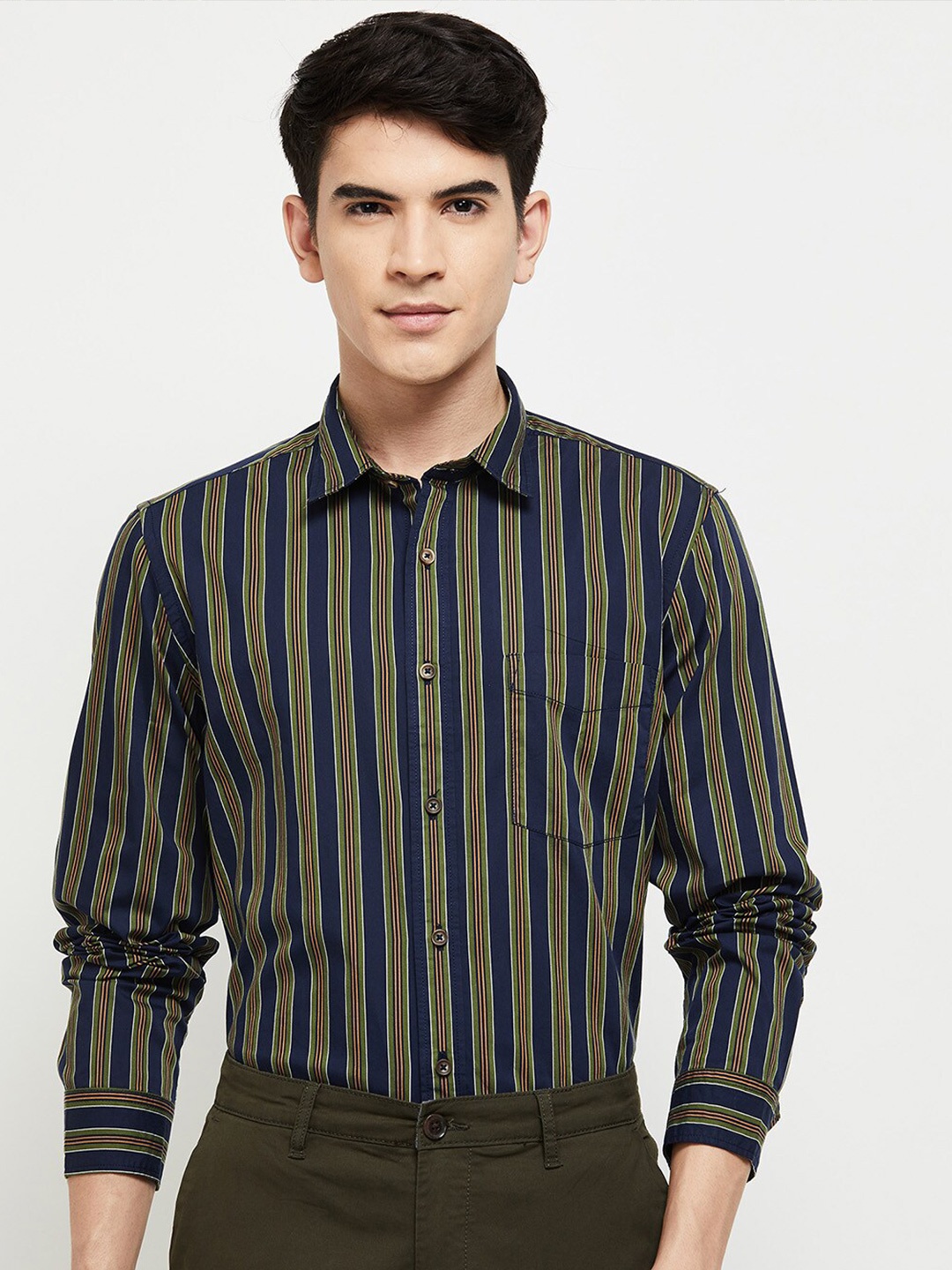 

max Men Blue Classic Striped Casual Shirt