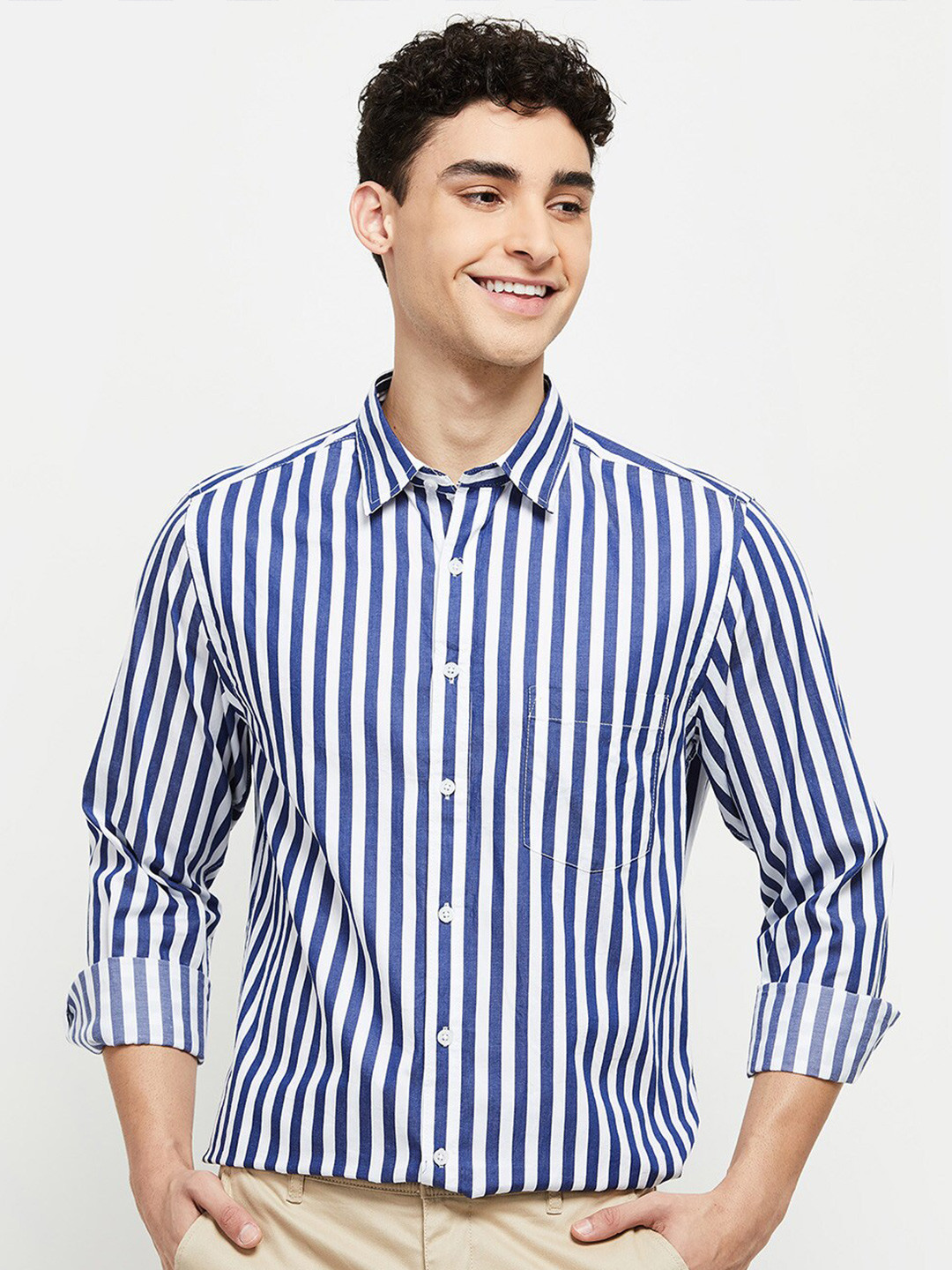 

max Men Blue Classic Striped Cotton Formal Shirt