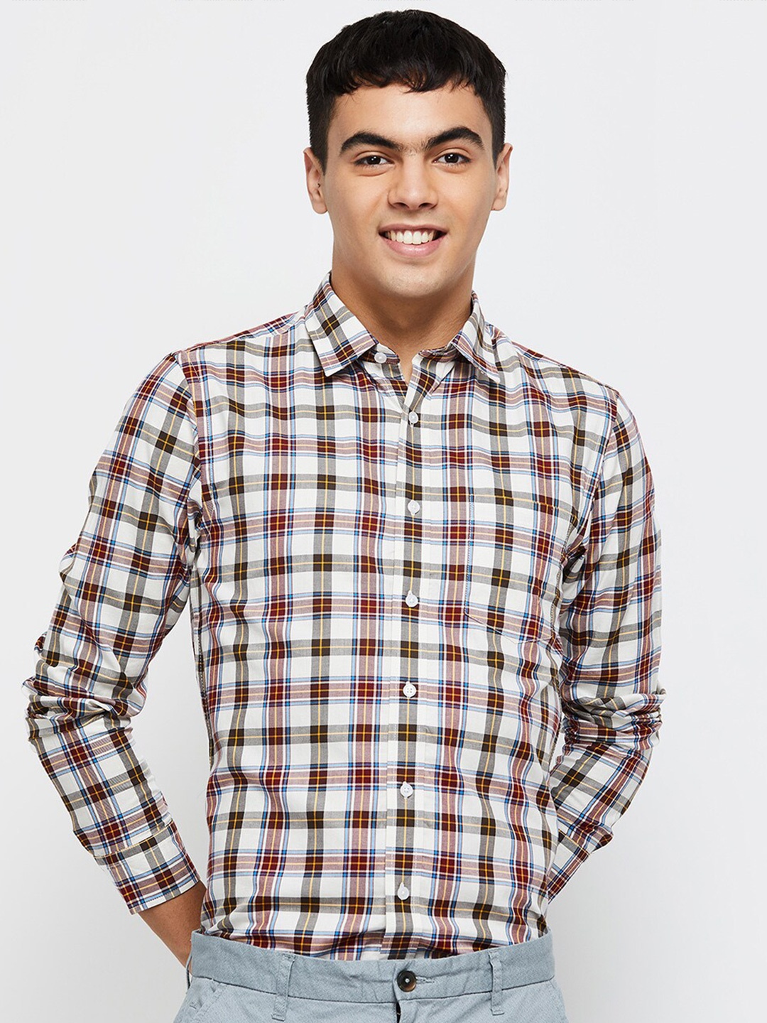 

max Men Brown Classic Tartan Checks Checked Cotton Formal Shirt