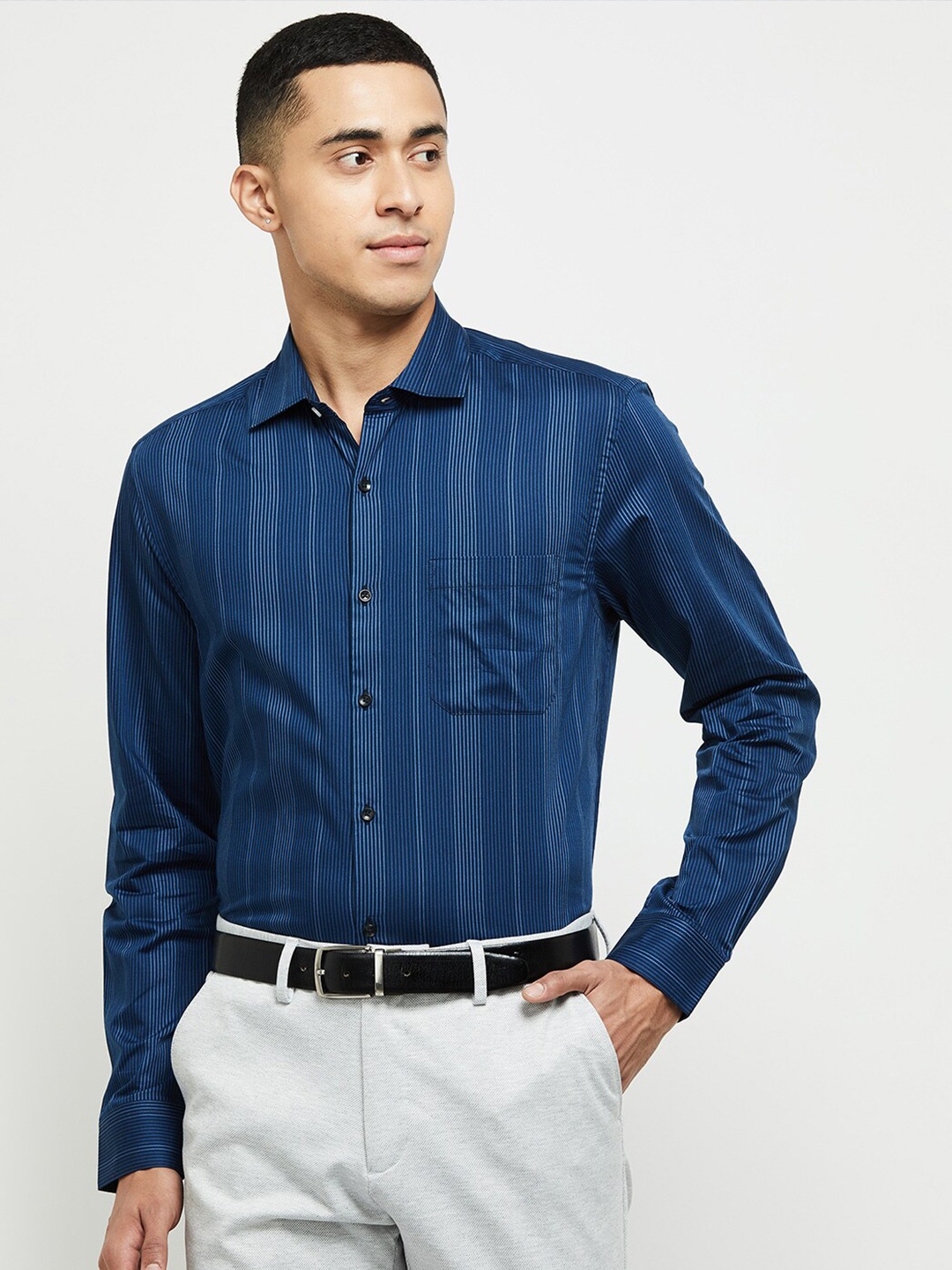 

max Men Blue Classic Striped Cotton Formal Shirt