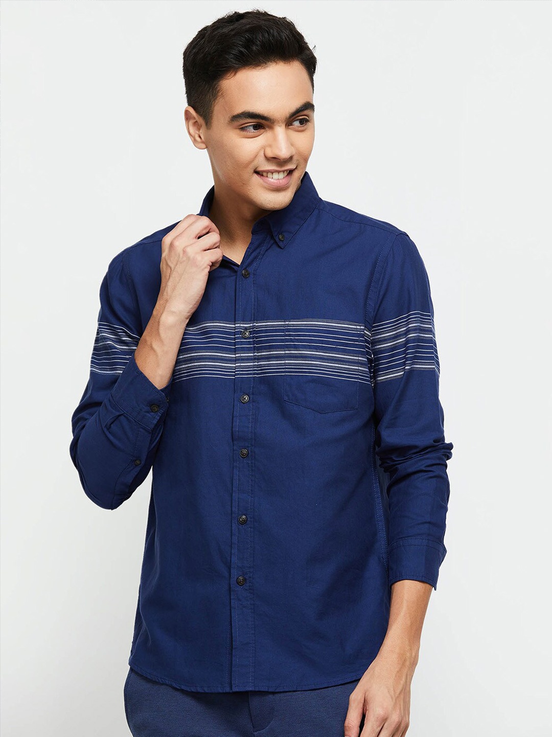 

max Men Blue Classic Horizontal Stripes Striped Cotton Casual Shirt