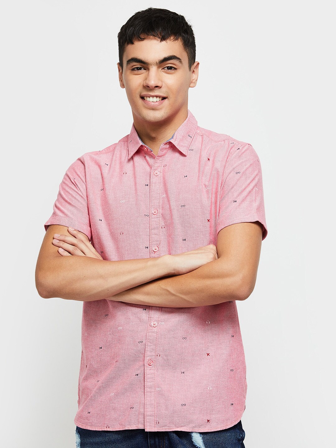 

max Men Pink Classic Printed Cotton Casual Shirt