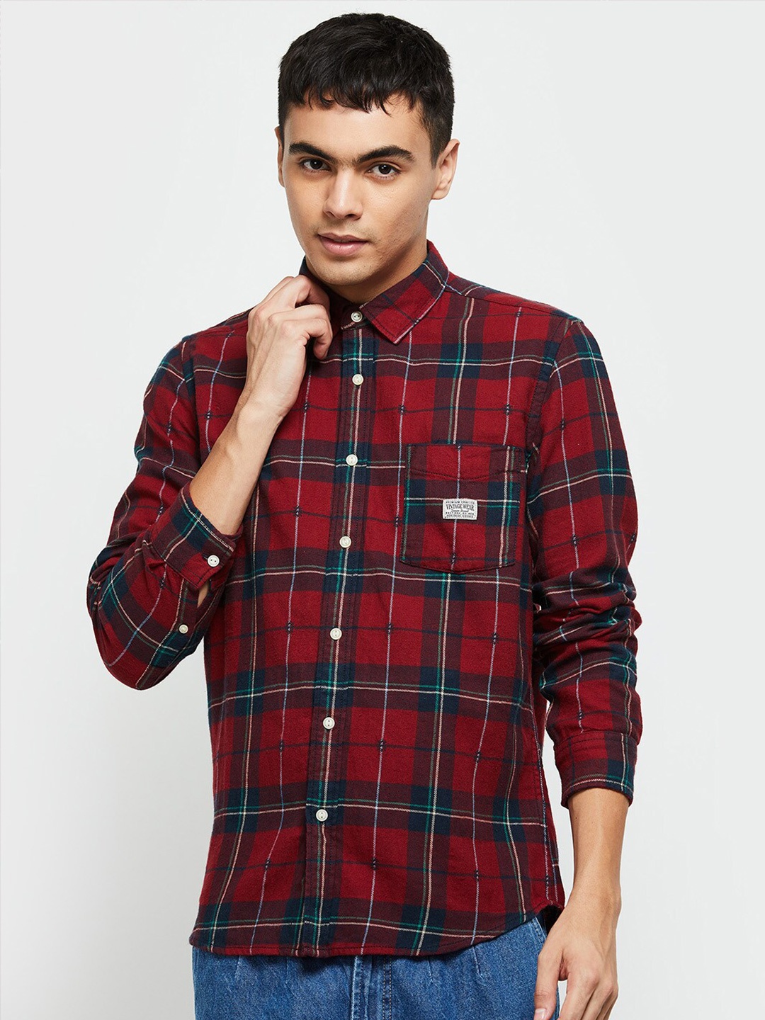 

max Men Red Classic Tartan Checks Checked Cotton Casual Shirt