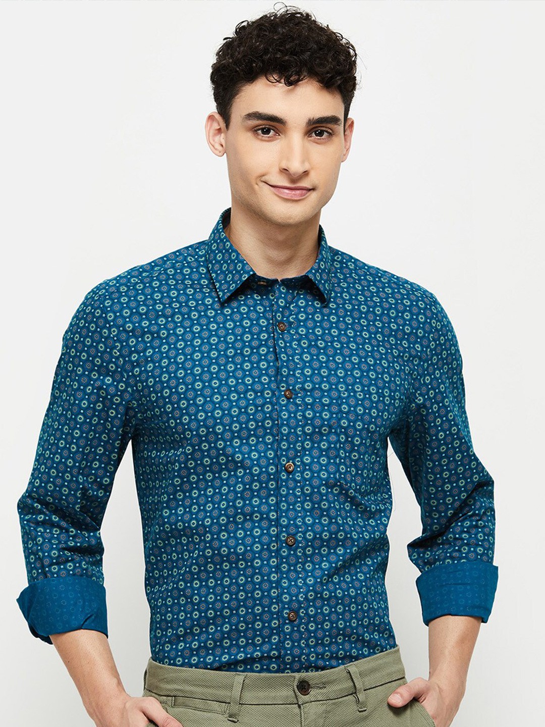 

max Men Teal Classic Printed Cotton Formal Shirt