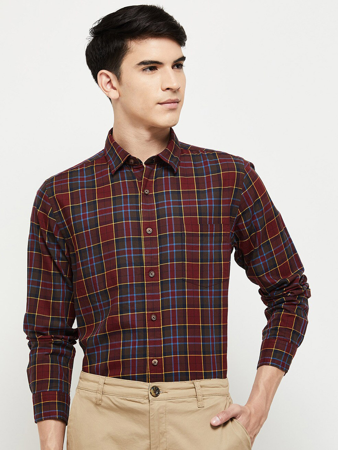

max Men Maroon Classic Tartan Checks Checked Cotton Formal Shirt