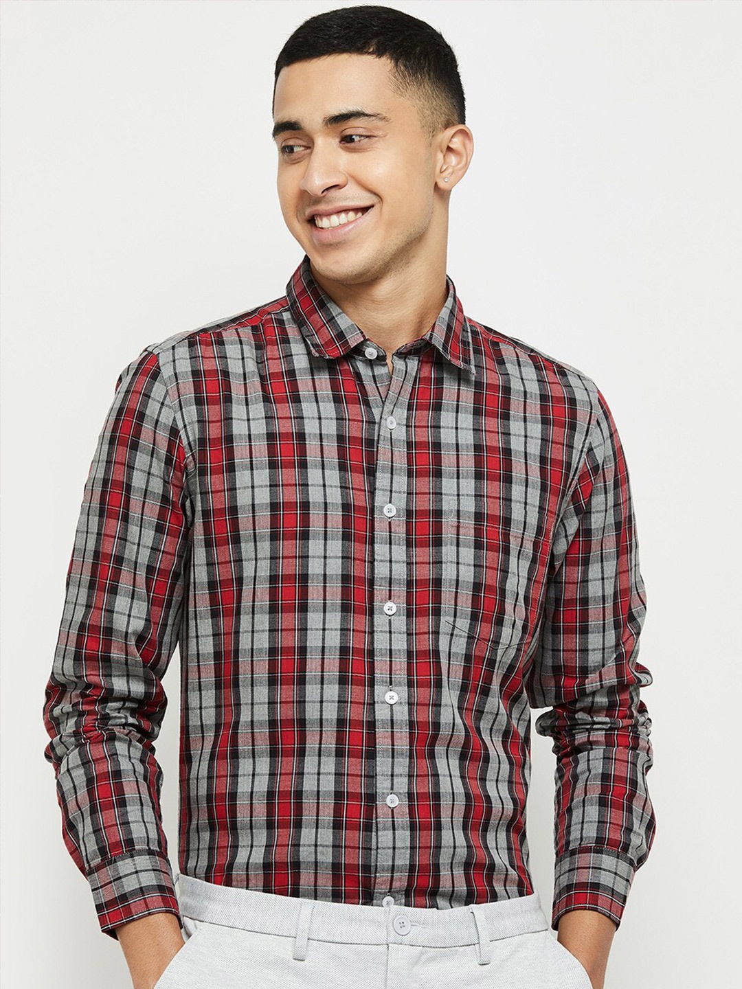 

max Men Grey Classic Tartan Checks Checked Cotton Formal Shirt