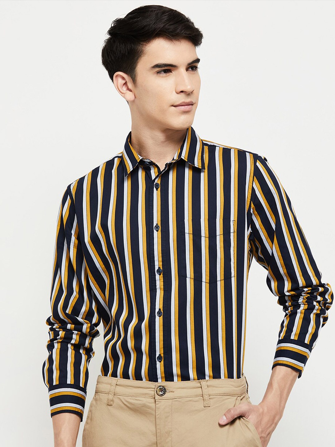 

max Men Blue Classic Striped Cotton Formal Shirt
