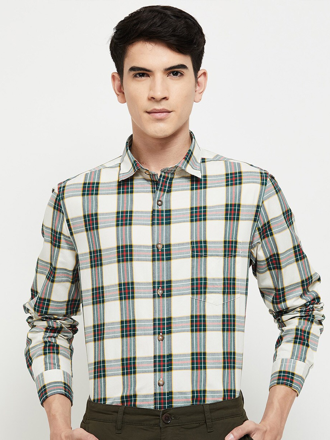 

max Men Off White Classic Tartan Checks Checked Cotton Formal Shirt