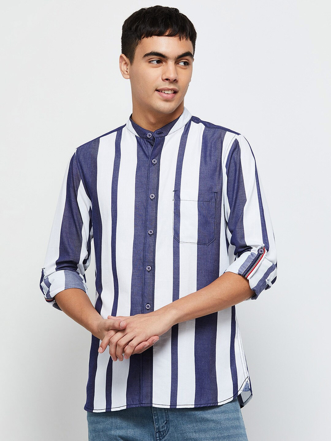 

max Men Blue Classic Striped Cotton Casual Shirt