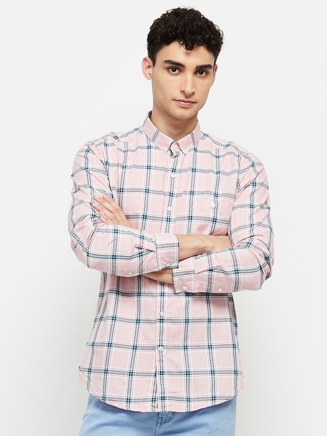 

max Men Pink Classic Windowpane Checks Checked Cotton Casual Shirt