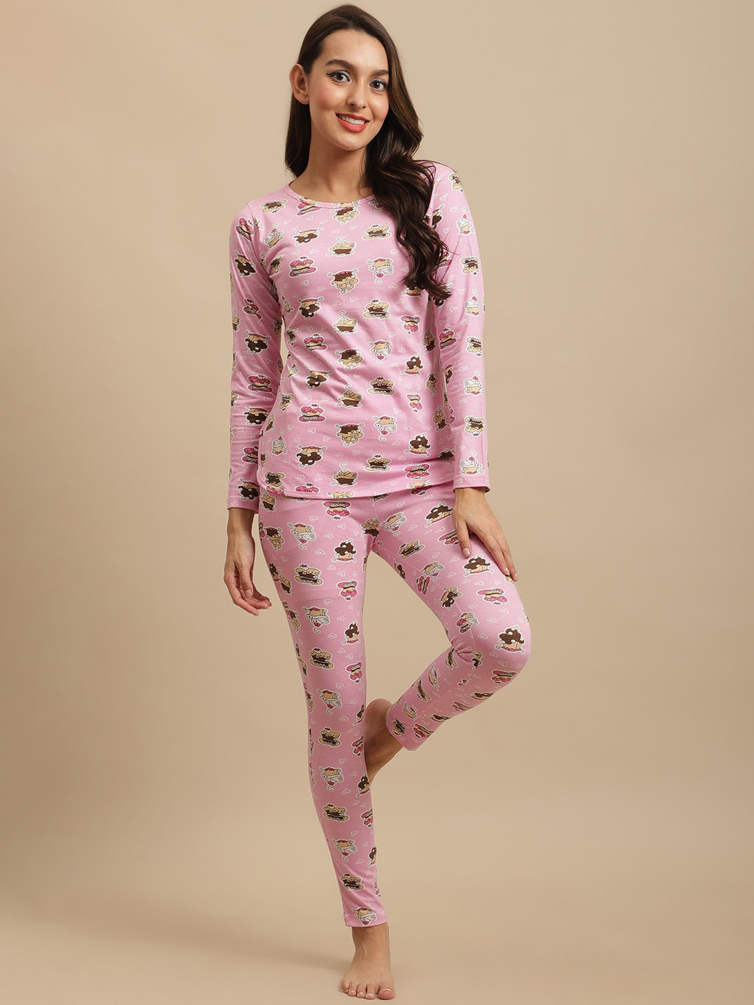 

Claura Women Pink & Yellow Printed Pure Cotton Nightsuit