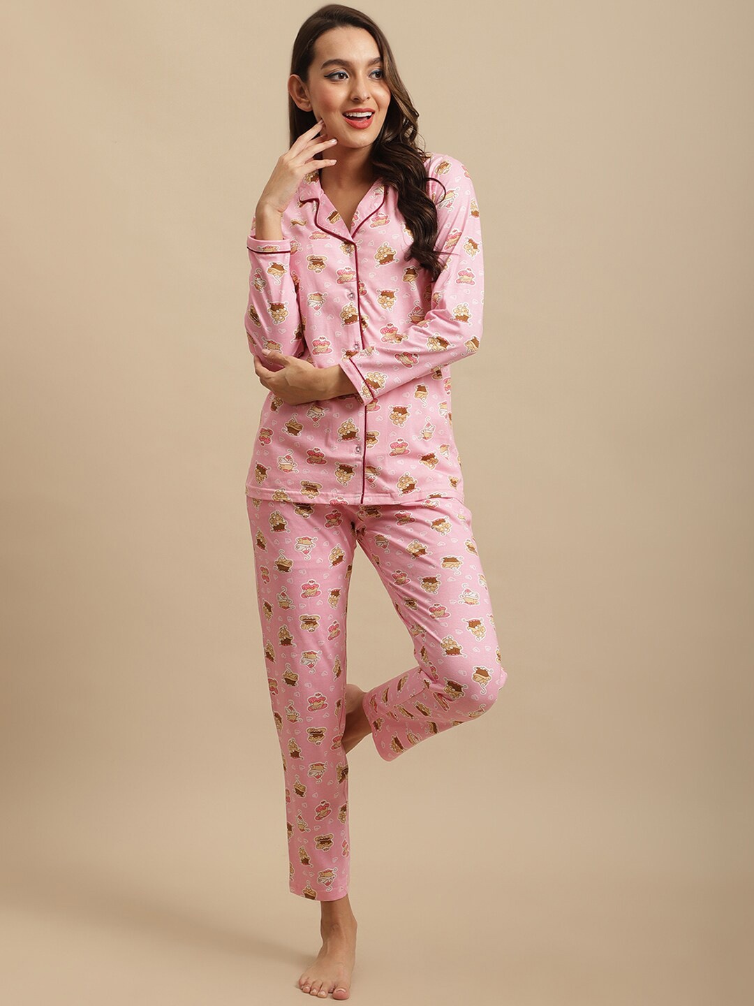 

Claura Women Pink & Mustard Printed Pure Cotton Night suit