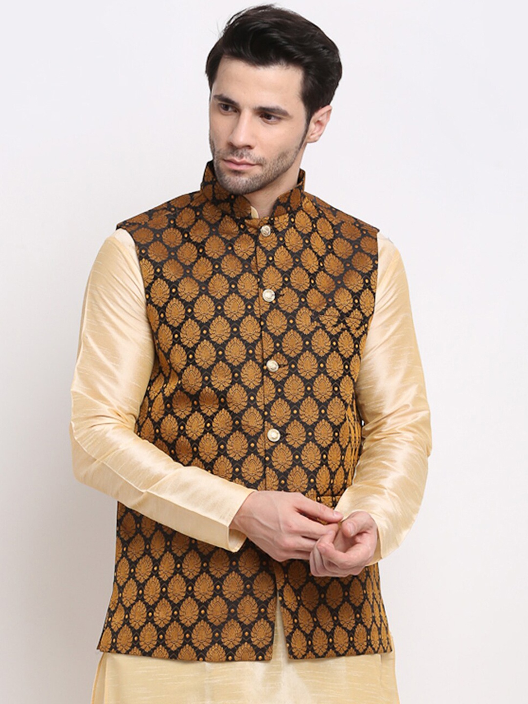 

Jompers Men Black & Brown Woven-Design Nehru Jacket