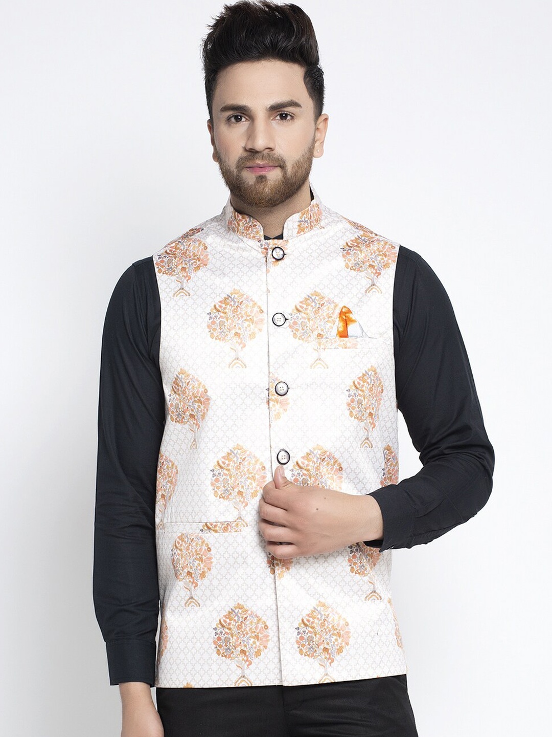 

Jompers Men White & Orange Printed Nehru Jacket