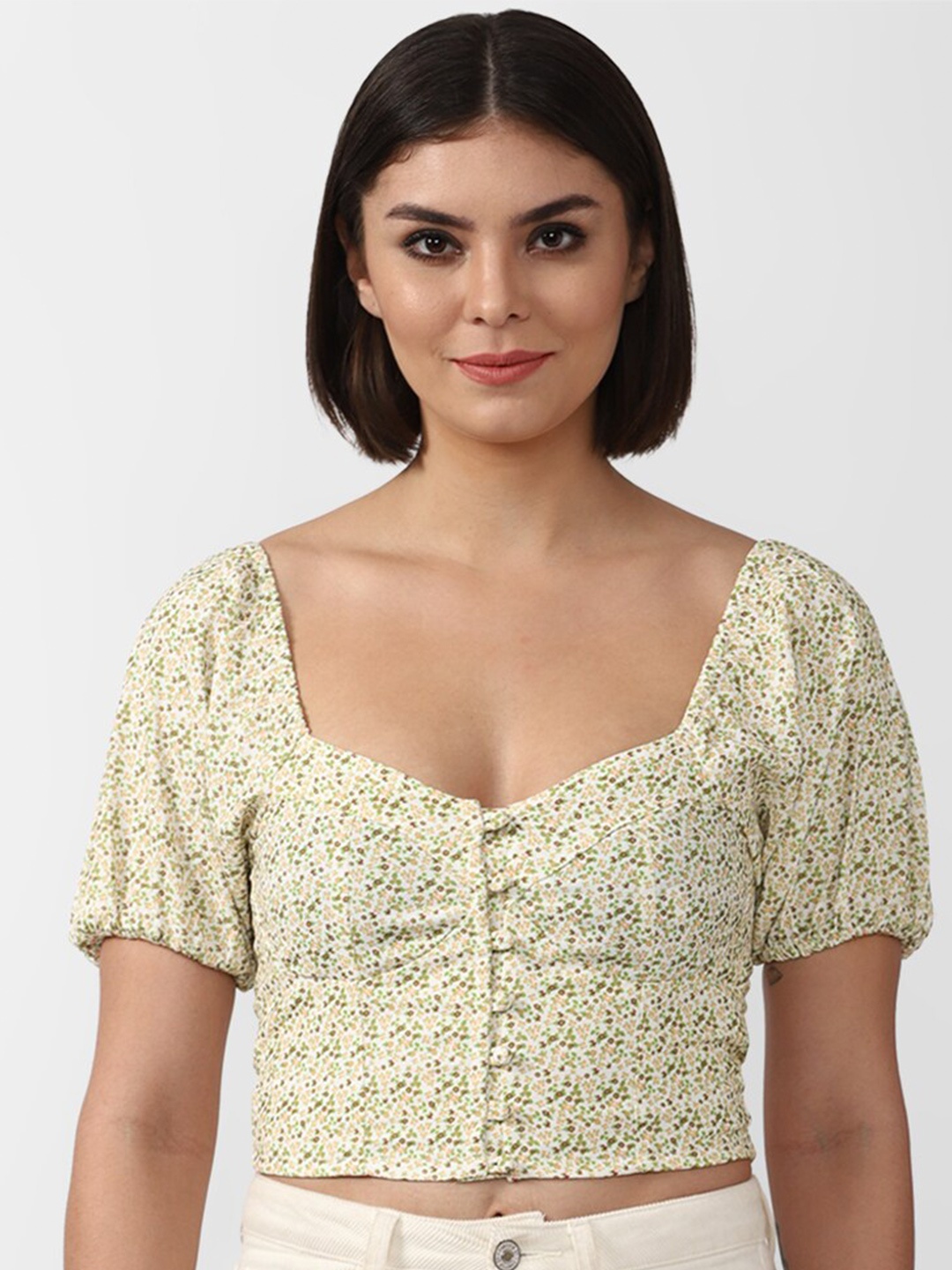 

FOREVER 21 Green Floral Print Sweetheart Neck Crop Top