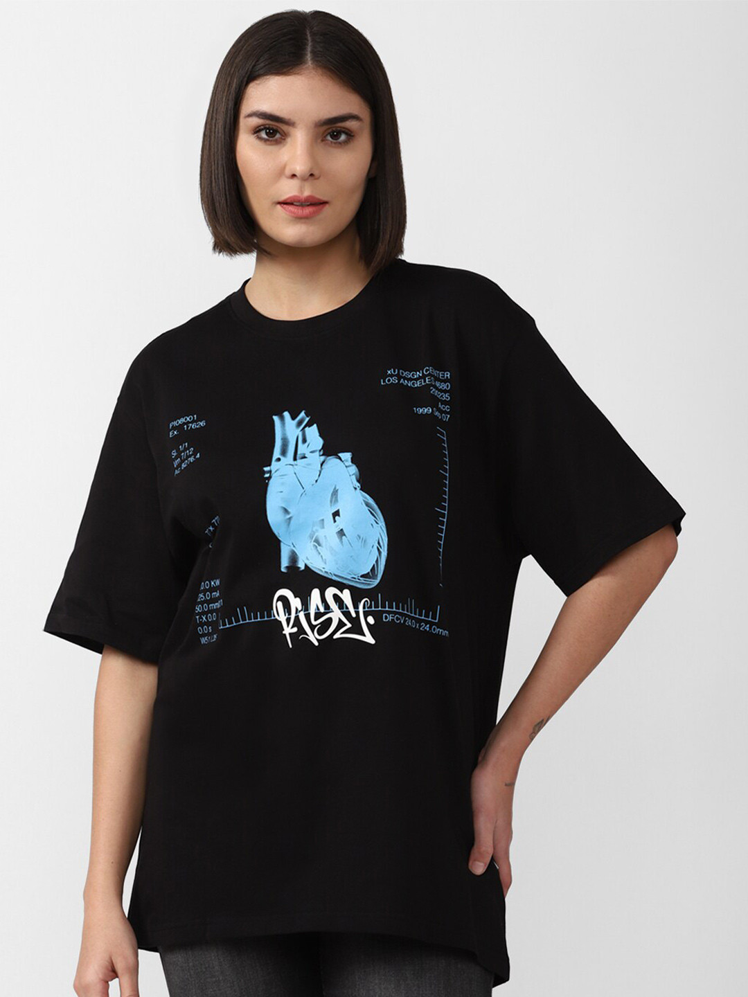 

FOREVER 21 Black & Blue Printed Longline Top