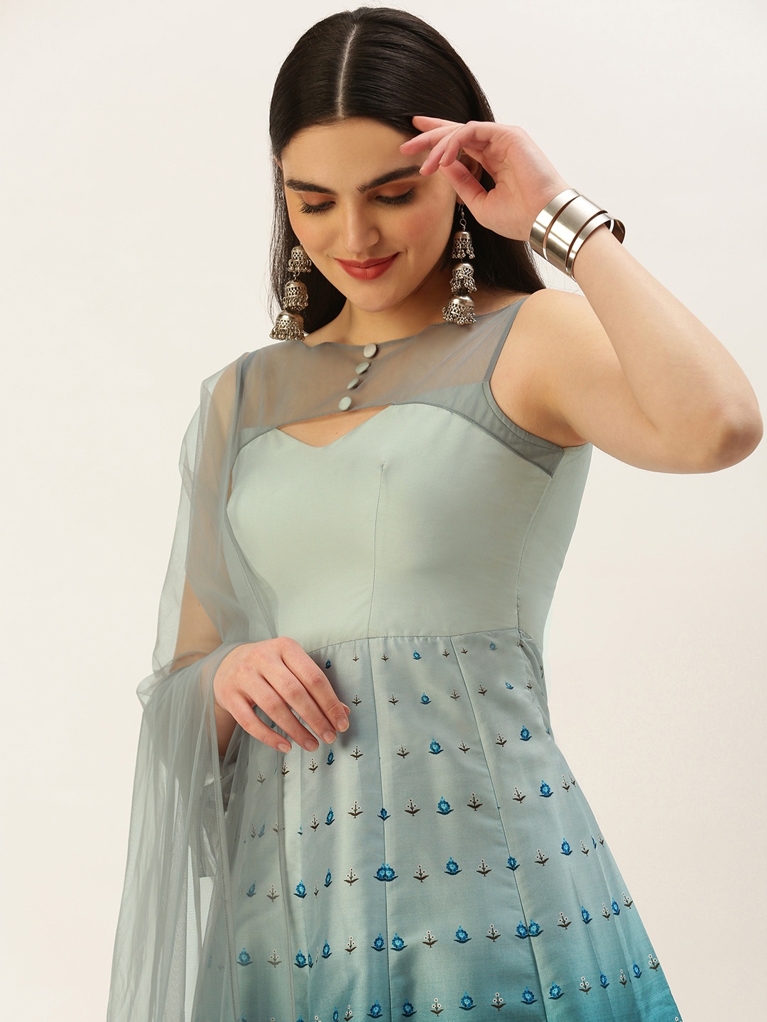 

Ethnovog Ready To Wear Grey N Blue Taffeta Printed Anarkali Suit